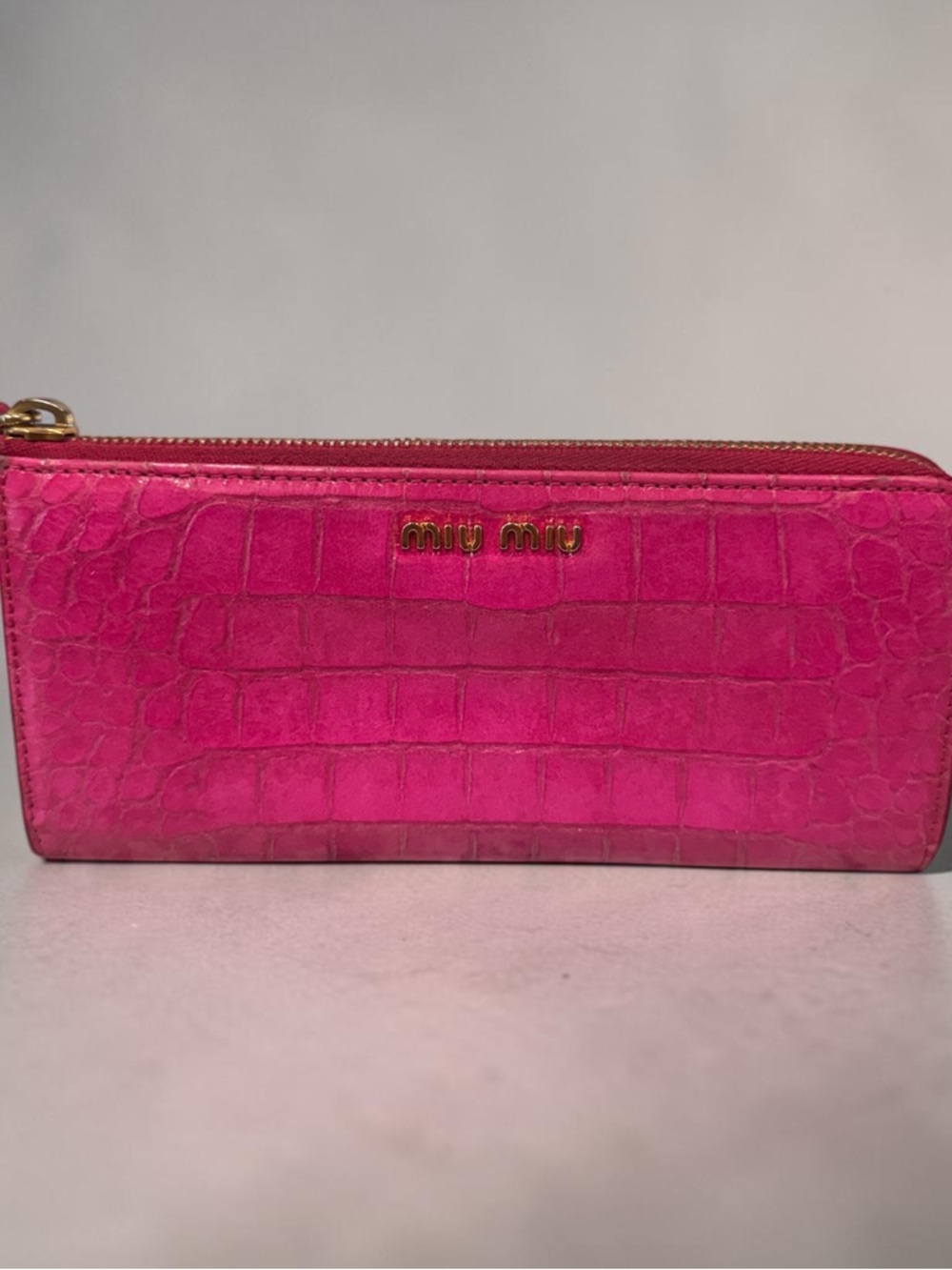 Miu Miu Hot Pink Croc-Embossed Zip Around Wallet